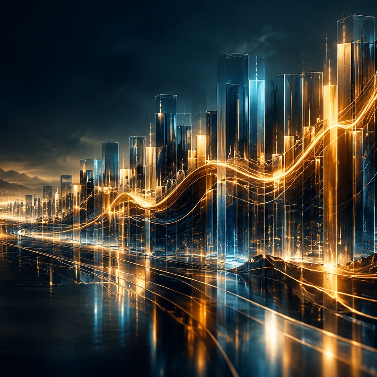 Blue and gold crystalline market skyline